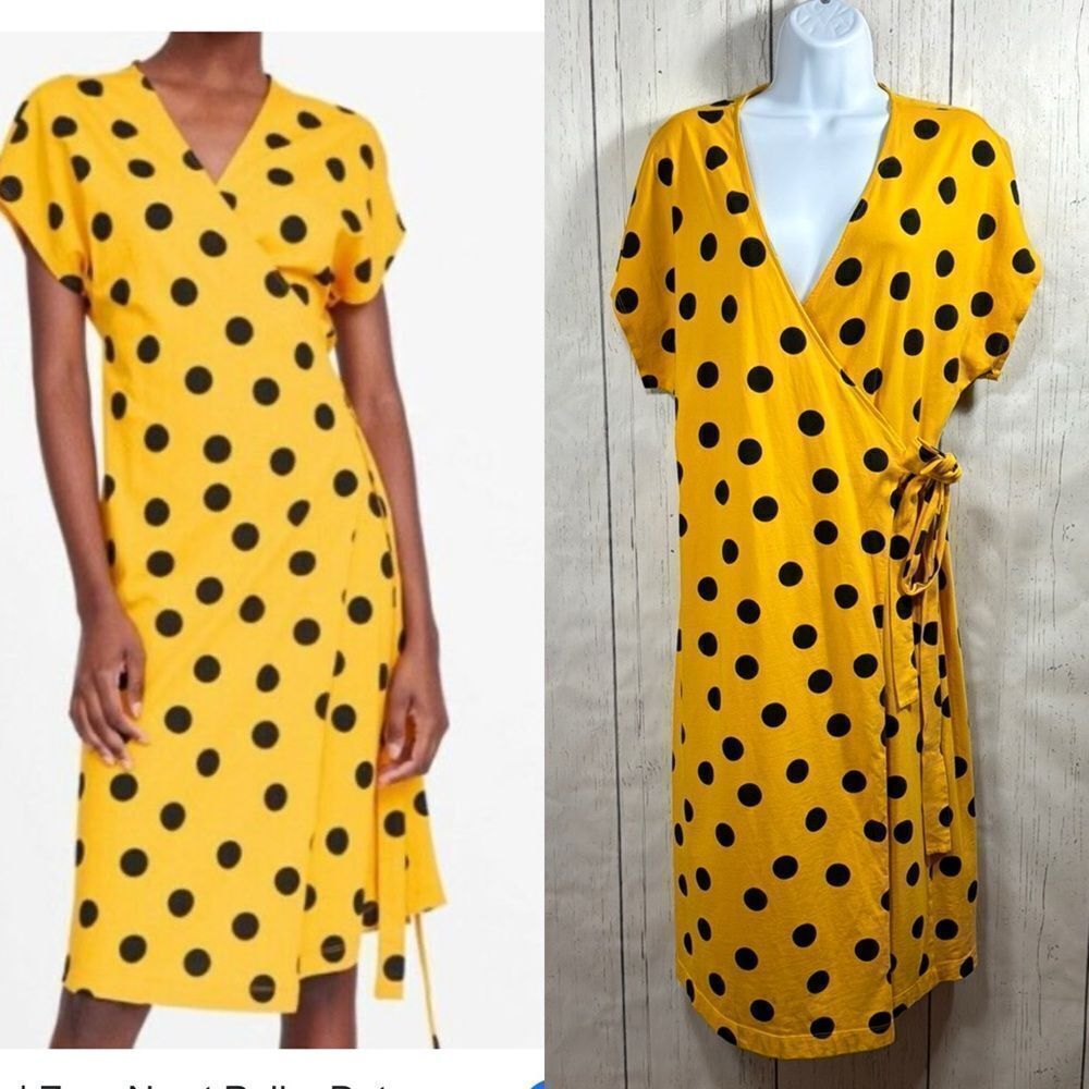 Zara Womens Yellow Polka Dot Wrap Midi Dress Retro Playful Girly